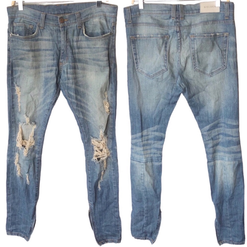GOLDEN DENIM distressed skinny ankle zip 30